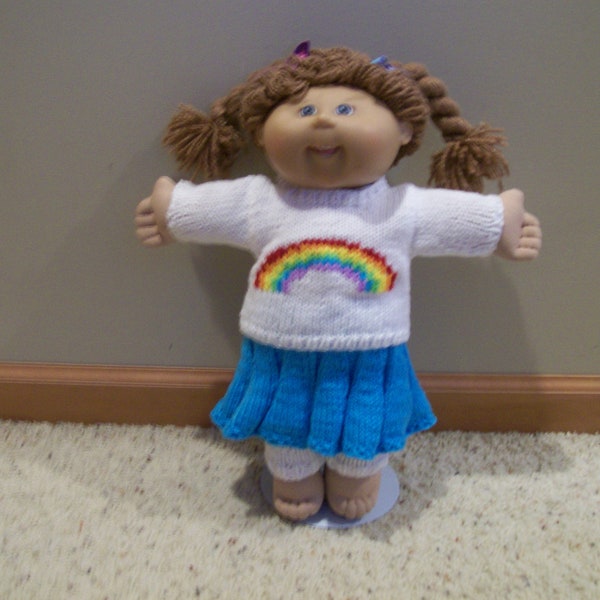 A Rainbow Crew Neck Sweater with a Swing Skirt Hand Knit 16 Inch Cabbage Patch Kids American Girl Bitty Baby Dolls Toys Doll Clothes