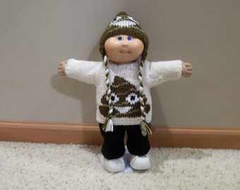 A Crew Neck Sweater with an embroider on and a matching Hat Hand Knit Dolls Toys Doll Clothes 12/13, 14,16, 17/18 Inch CPK's AG or BB