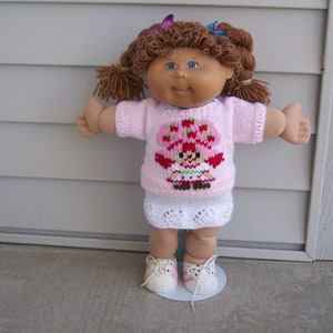 A Crew Neck Sweater with an embroider on Short Sleeves Back Closure Hand Knit Dolls Toys Doll Clothes CPK&#39;s American Girl Bitty Baby etc