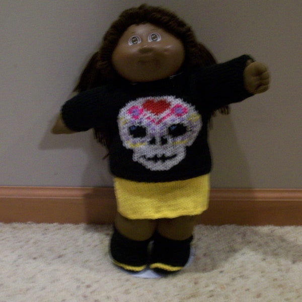 A Halloween Crew Neck Sweater with an embroidered Skull A Line Skirt Boots Hand Knit Dolls Toys Doll Clothes CPK's American Girl Bitty Baby