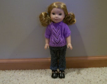 Wellie Wisher Crew Neck Sweater Short or Long Sleeves Back Opening with 3 Buttons Patterns Hand Knit Dolls Toys Doll Clothes