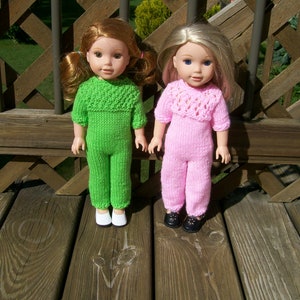 Wellie Wisher Jumpsuit Short Sleeves Back Opening Hand Knit Pattern on Yoke Dolls Doll Clothes Toys Pattern on Yoke