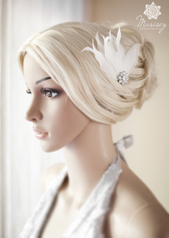 Wedding hair accessories Bridal White Feather Rhinestone Etsy