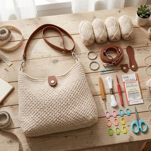 May include: A beige crocheted shoulder bag with a brown leather strap and snap closure, surrounded by craft supplies including four yarn balls, a measuring tape, metal rings, a needle pack, crochet hooks, and colorful plastic stitch markers.
