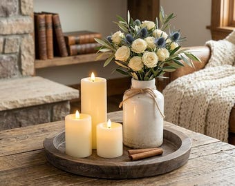 Round Wooden Tray, Rustic Farmhouse Candle and Decor Plate
