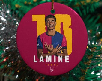 Lamine Portrait Soccer Tribute Ornament, Barcelona Iconic Animated Style Fan Tree Decor, Sports Keepsake Personalized Ceramic Ornament