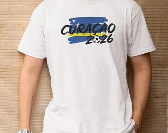Curacao-Flagge animierte Tribut für Fans Grafik-T-Shirt, Fußball-Turnier inspiriertes Design, Fußballanhänger Sportgeschenk Unisex T-Shirt