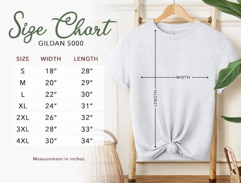 a size chart for a GILDA 5000 t-shirt, with measurements for different sizes ranging from S to M. The chart includes a tie-dye t-shirt hanging on a wooden hanger, and there is a basket in the background.