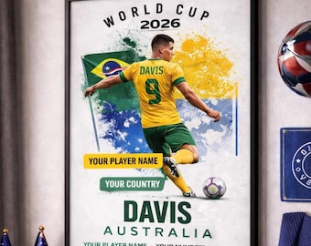 Benutzerdefinierte Fußballspieler Poster, WM 2026 inspirierte Fußballwandkunst, personalisierte Landesnummer Sportraum Digitaler Download