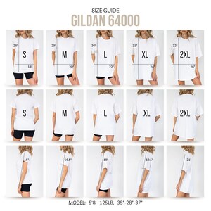 The image is a size guide for GILAN 6400 t-shirts, showing different sizes and measurements for various body types.
