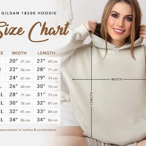 A woman wearing a GILAN 18500 Hoodie is shown in the image, with a size chart provided to help customers determine the correct size.