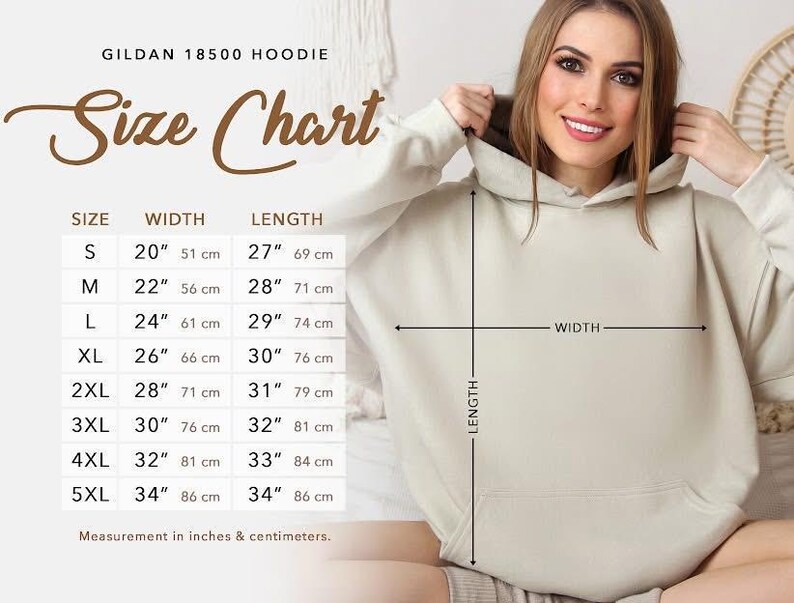 A woman wearing a GILAN 18500 Hoodie is shown in the image, with a size chart provided to help customers determine the correct size.