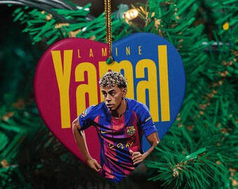 Yamal Naming Inspired Design Ornament, Barcelona Iconic Animated Style Soccer Fan Tree Decor, Sports Keepsake Personalized Ceramic Ornament