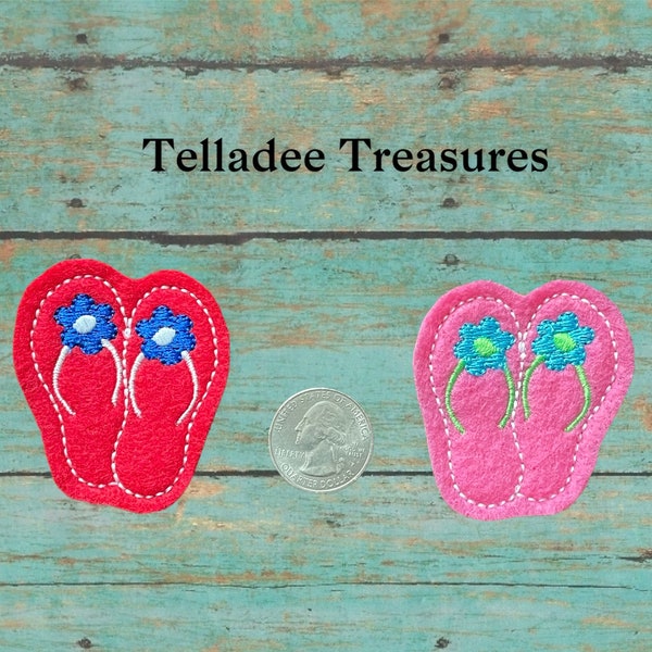 Flip Flop Feltie - Red or Pink Felt- Great for Hair Bows, Reels, Clippies, Clips and Crafts - Summer Sandal Shoe with flower