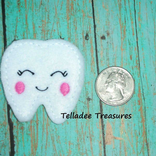 Happy Tooth Feltie - White Felt- Great for Hair Bows, Reels, Clips and Crafts - Dental Tooth Smiling