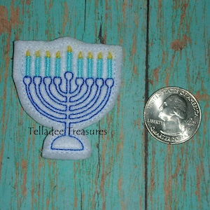 Menorah feltie with white felt - Great for Hair Bows, Reels, Clips and Crafts - Wintertime festival of Lights Candles Hanukkah