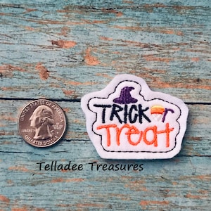 Trick or Treat Feltie - white Felt- Great for Hair Bows, Reels, Clips and Crafts - Candy corn and witch hat Halloween