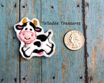 Cow Feltie - Small white felt - Great for Hair Bows, Reels, Clips and Crafts - Playful happy jumping calf with horns
