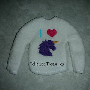 Christmas Elf Doll I love UnicornsShirt or Sweater- Dress your 12&quot; doll for your favorite occasion - Use as accessory or prop Fantasy Horse