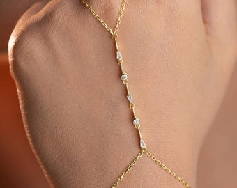 925 Sterling Silver, Baguette Hand Chain, Gold Plated Zircon Bracelet