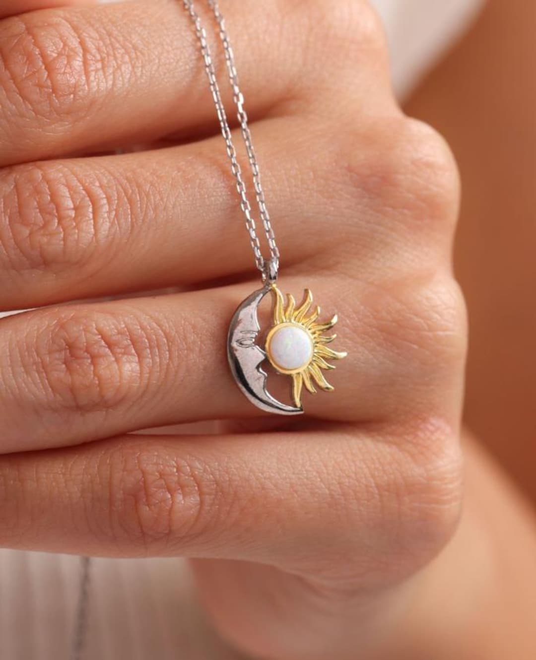 Sterling Silver Moon Sun Necklace | White Opal Pendant | Celestial Gift ...