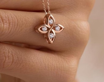 Rose Gold Sterling Silber Blumen Halskette, Zirkon Floral Anhänger