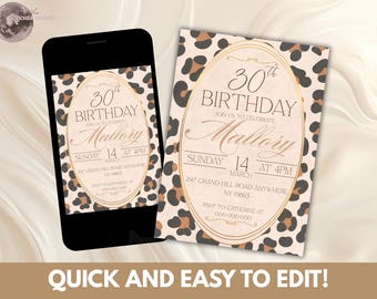 Cheetah print 30th Birthday invitations, Canva Editable template