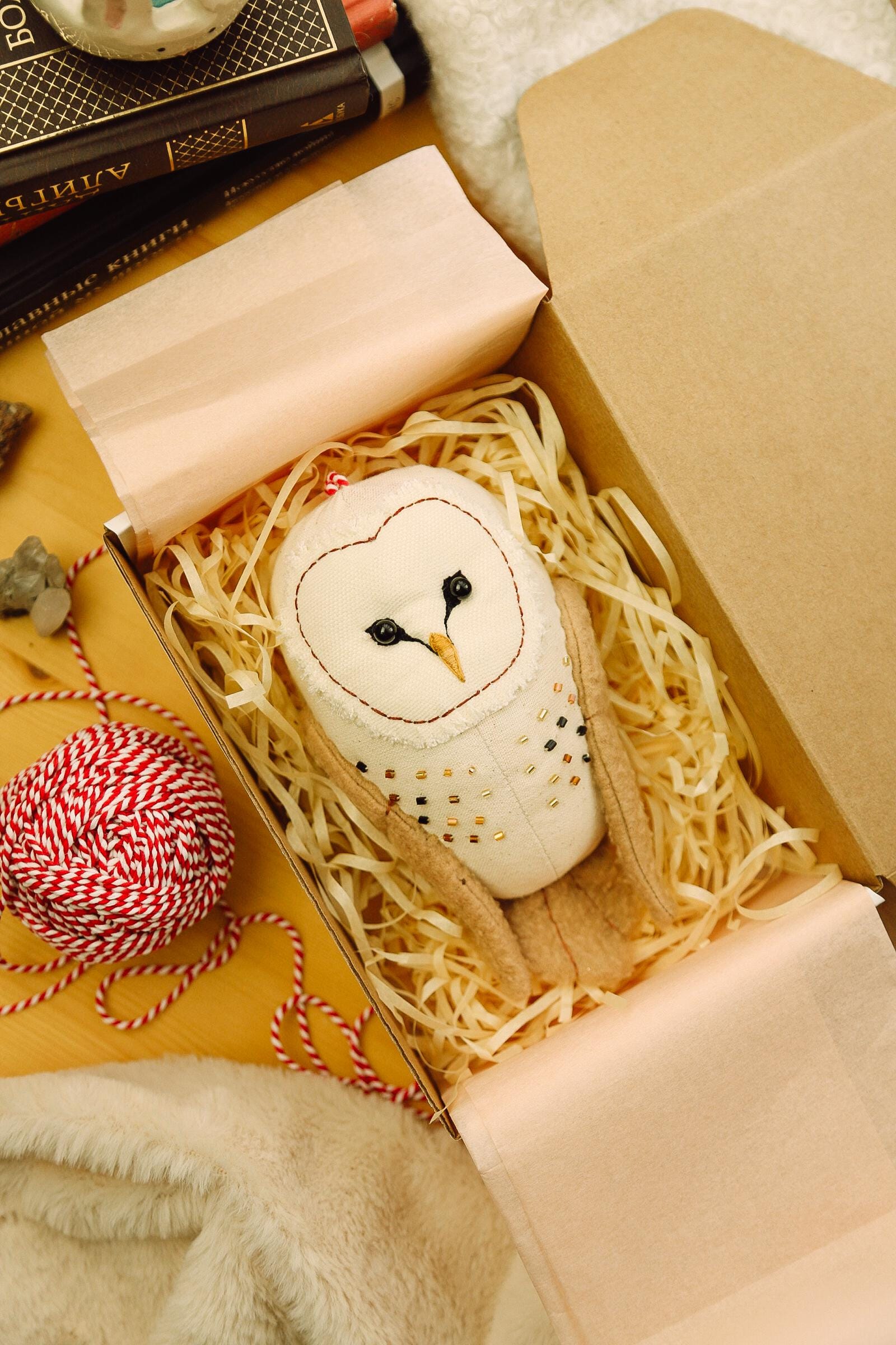 Handmade Barn Owl Ornament – Textile Soft Owl Plush – Hanging Christmas Tree Decoration 