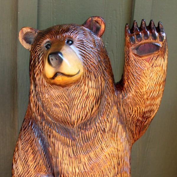 Bergman: Waving Brown Bear, 4-foot Wood Sculpture Chainsaw Carving