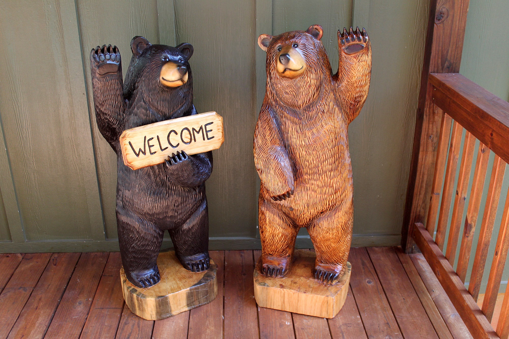 4-ft Waving Black Bear With Sign, Wood Sculpture, Chainsaw