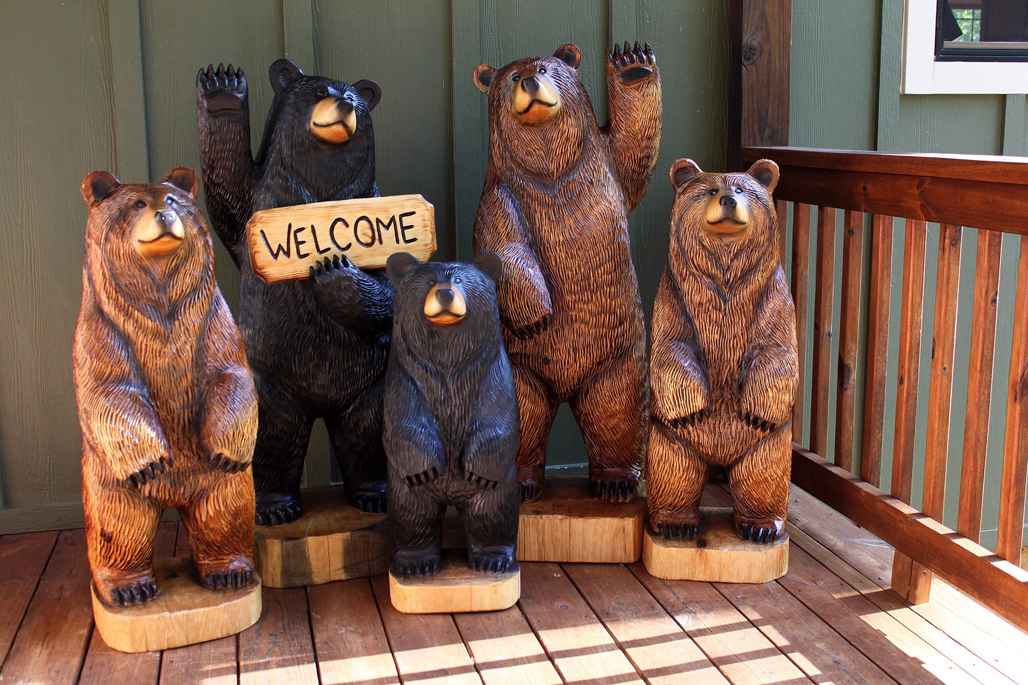 4-ft Waving Black Bear With Sign, Wood Sculpture, Chainsaw Carving