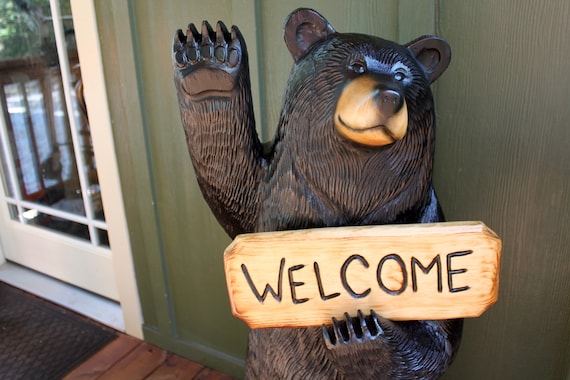 4-ft Waving Black Bear With Sign, Wood Sculpture, Chainsaw Carving