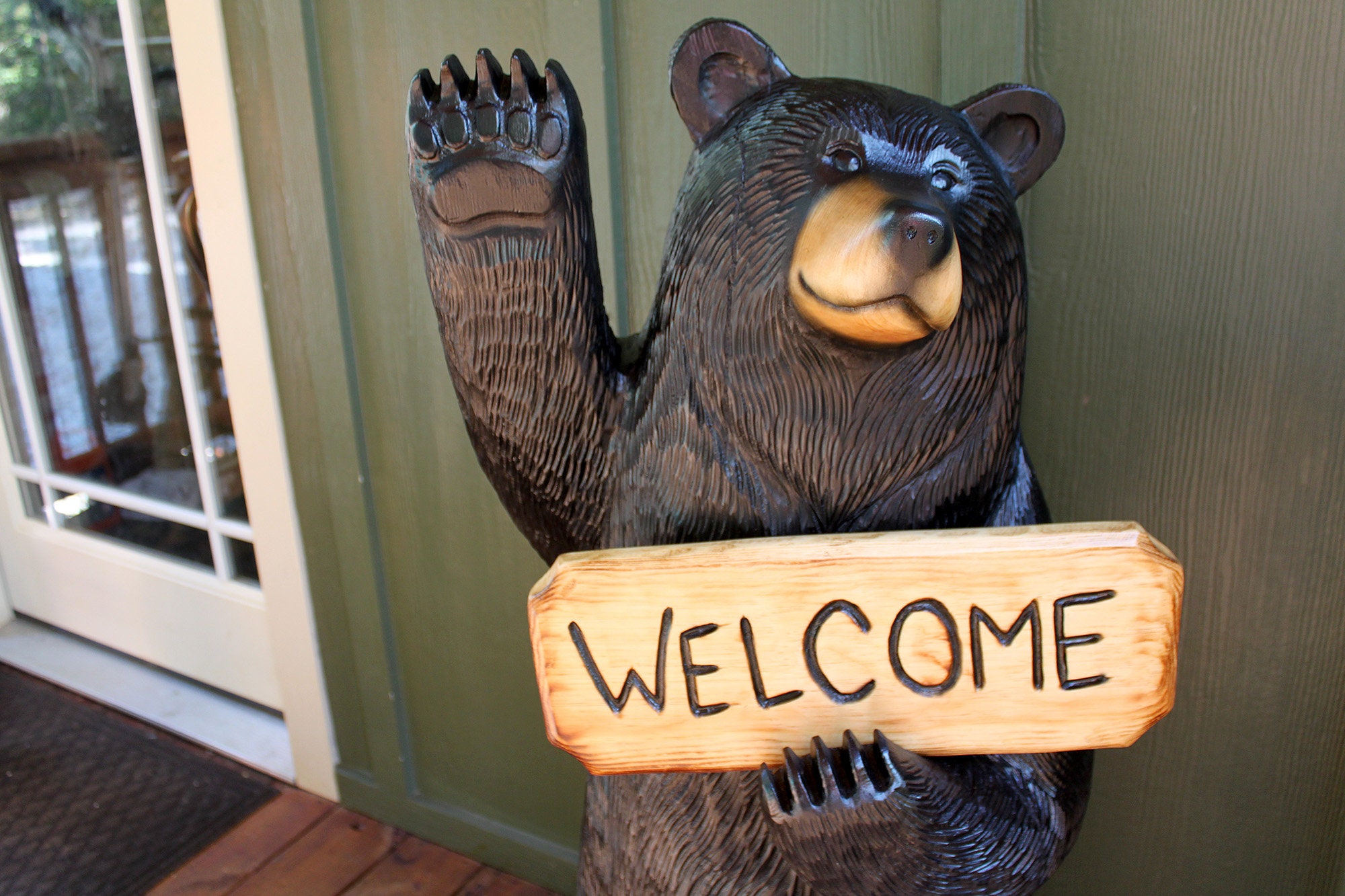 4-ft Waving Black Bear With Sign, Wood Sculpture, Chainsaw Carving