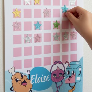 May include: A pink and white reward chart with star stickers. The chart has a grid of squares and cartoon illustrations of food items. The name "Eloise" is written on the chart.