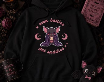 Gothic Bat Hoodie | Sad Bat Illustration, Cozy Blanket, Moon Stars (Mental Health Humor)