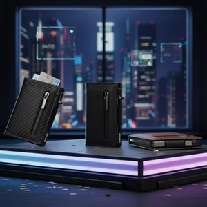 May include: Three wallets are displayed on a black platform with a neon light. The wallets are black and brown. One black wallet has a carbon fiber pattern and a zipper. The other black wallet has a small pocket and a pen. The brown wallet is rectangular.