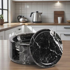Marble Coasters Set of 4 Black 3.5" Round Drink Coasters, Coasters for Coffee Table Decor, Ideal Stone Coasters with Holder for Dining Table