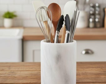 Marble Utensil Holder 6.5" White Handmad Spoon Holder for Kitchen Counter Kitchen Utensils Set Organizer Cooking Utensil Storag