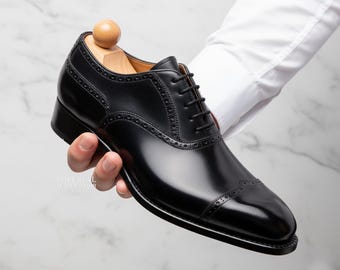 Handmade Black Leather Cap-Toe Oxford Shoes for Men | Genuine Leather Brogue Dress Boots| Formal Business Footwear