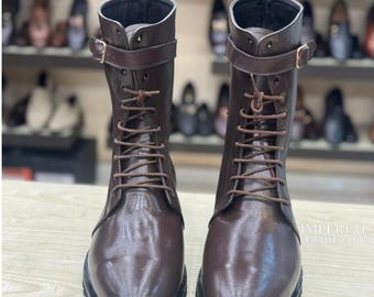 Botas de cuero marrón hechas a mano con cordones – Botines de estilo militar, ropa informal resistente