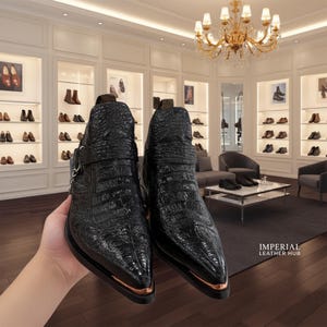 Handmade Black Crocodile Leather Cowboy Boots for Men | Pointed Toe Western Harness Ankle Shoes