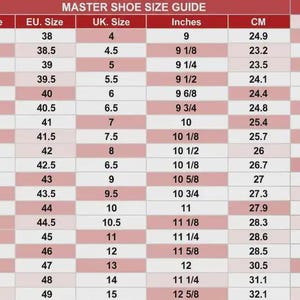 K&ouml;nnte beinhalten: Eine Schuhgr&ouml;&szlig;entabelle mit der &Uuml;berschrift "MASTER SHOE SIZE GUIDE". Sie zeigt US-, EU- und UK-Gr&ouml;&szlig;en, sowie Zoll und Zentimeter. Die Tabelle reicht von US 5 (24,9 cm) bis US 16 (32,1 cm).