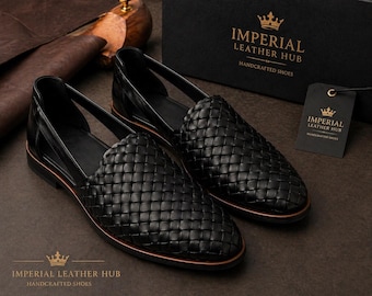 Mocasines de cuero tejido a mano – Mocasines marrones de talón abierto para hombre, estilo veraniego y resort.