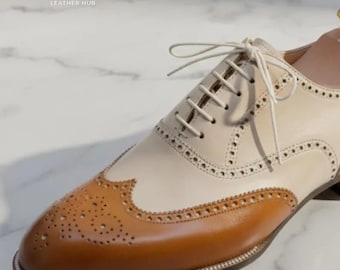 Handmade Two-Tone Leather Wingtip Brogue Oxford Shoes – Classic Dress Footwear