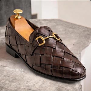 Handmade Brown Woven Leather Loafers – Men’s Italian Horsebit Slip-On Dress Shoes