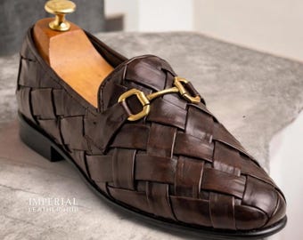 Mocasines de piel tejida marrón hechos a mano – Zapatos de vestir italianos sin cordones Horsebit para hombre