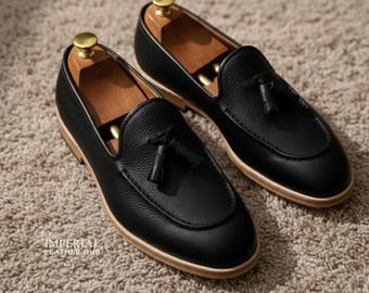 Handmade Black Leather Tassel Loafers for Men – Luxury Slip-On Formal Dress Shoes