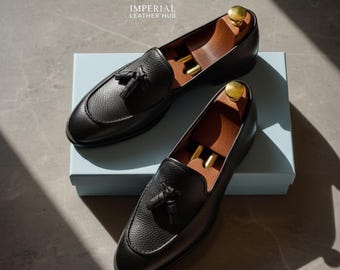 Sleek Black Leather Tassel Loafers for Men – Handmade Luxury Slip-On Formal Dress Shoes