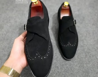 Chaussures habillées Richelieu à boucle en daim noir | Chaussures de cérémonie en cuir faites main