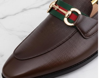Handgefertigte Braune Leder Horsebit Loafer für Herren - Klassische Grüne & Rote Riemen Luxus Slip-On Schuhe